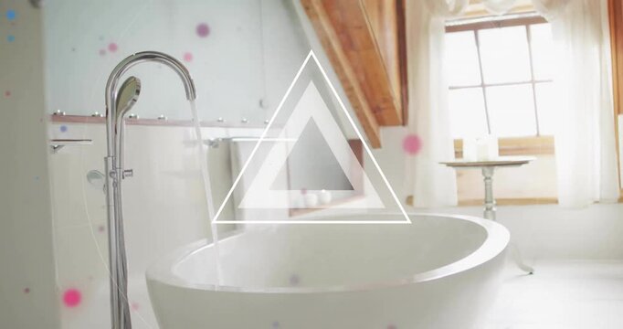 Glowing circle graphic floating above attic bathroom, scattering pink blue and purple dots over tub