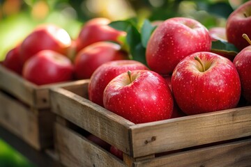 Apples To Apples. Fresh Red Apples in a Wooden Box on Green Background