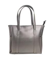 This metallic gray tote bag has a shiny texture, two handles on the top and open pockets on each side. Isolated on a white background.
