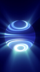 A futuristic glowing blue sphere with neon light rings emitting soft rays of light, resembling a high-tech concept or cosmic energy core