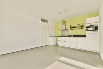 Spacious kitchen featuring modern cabinetry and a vibrant green accent wall, designed for functionality and style.