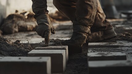 Construction Worker Laying Concrete Blocks
