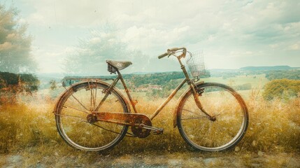 Fototapeta premium Rustic bicycle resting in an idyllic, sunlit countryside landscape.