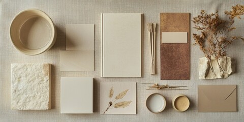 A business flat lay featuring warm neutral stationery, handcrafted paper, and a beige notebook