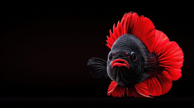 A cultivation fish with a bold red accent behind, sharp and striking, copy space at the top, modern ad composition