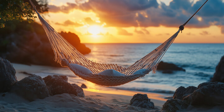 Hammock swinging on tropical beach at sunset creating relaxing vacation vibe