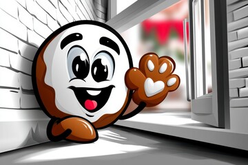 Friendly cartoon cookie character waving bakery setting digital illustration cheerful vibes eye-level view fun concept