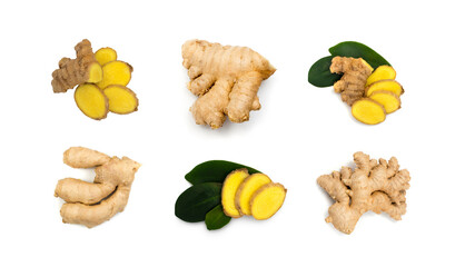 Ginger root slice isolated. Fresh Zingiber Officinale rhizome cut, asian spice plant piece, raw ginger