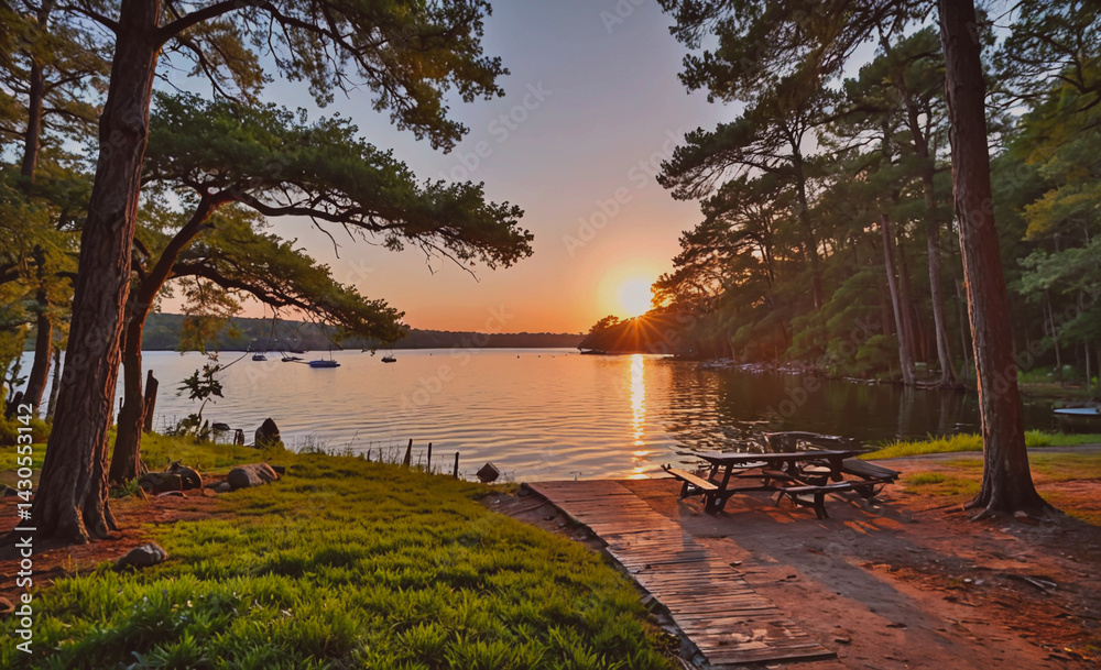 Aufkleber serene lake with a sunset in the background. the water is calm and the trees surrounding the lake ar