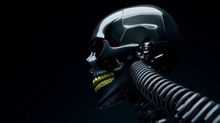Futuristic robotic skull with metallic finish and glowing mechanical details against a dark backdrop