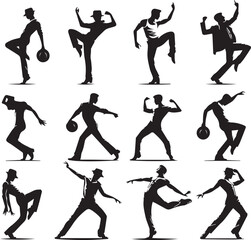 Obraz premium black dancers in different man and woman set silhouette vector, man and woman logo vector illustration