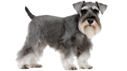 Schnauzer stands gracefully on a transparent background showcasing its distinctive features and unique coat color