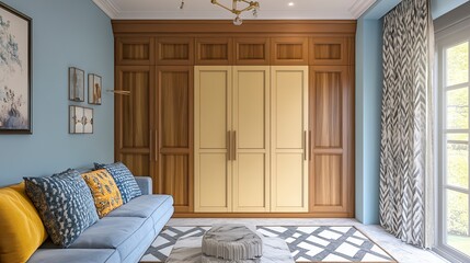 Modern Bedroom Interior Design with Two-Toned Wooden Wardrobe and Cozy Sofa