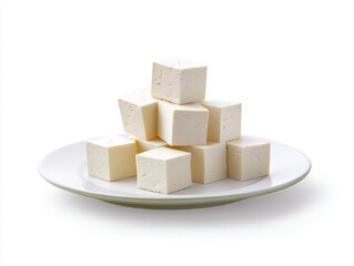 Paneer cubes stacked on plate isolated on white background