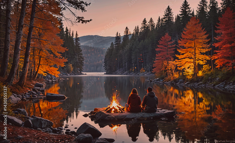 Poster couple sits by a lake with a fire in front of them. the scene is peaceful and romantic, with the cou