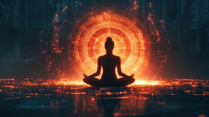 Silhouette of a meditating woman, surrounded by vibrant, glowing, digital energy