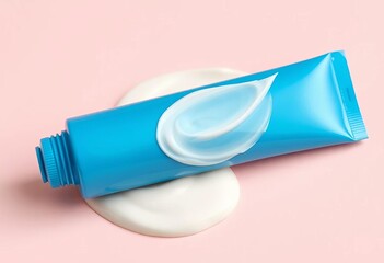 Blue cosmetic tube with swirling cream texture on pastel background, skincare, blue