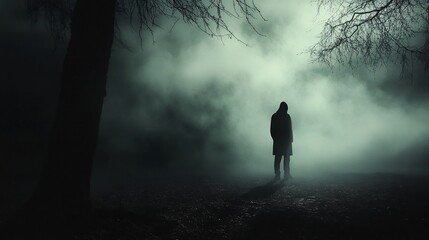 Solitary Figure in Eerie Fog: A Dark and Moody Landscape
