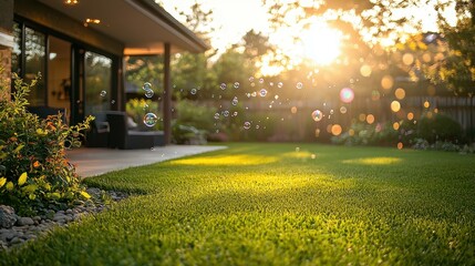 Obraz premium A sunlit garden with floating bubbles, showcasing a serene outdoor living space.