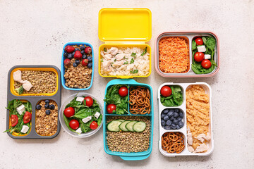 Healthy products in lunch boxes on light background. Diet concept