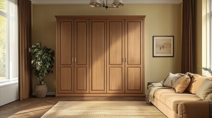 Elegant Wooden Armoire in a Sunny Living Room Interior
