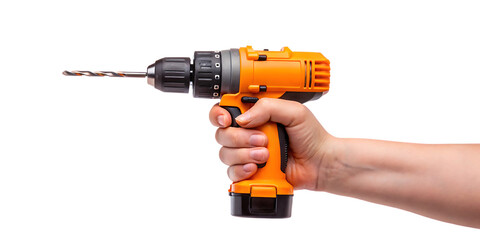 Battery screwdriver or drill on hand, isolated on white background PNG