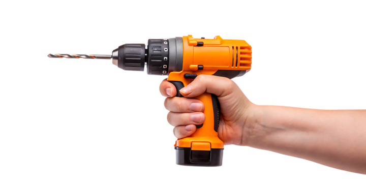 Battery screwdriver or drill on hand, isolated on white background PNG