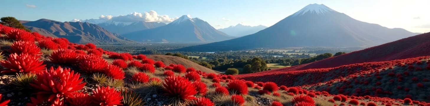 Breathtaking view of nsw waratah telopea speciosissima with mountain range, red, beauty, flora