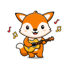 Cute Fox Playing Guitar  Mascot Character Icon Illustration. Flat Cartoon Style Suitable for Web Landing Page, Banner, Sticker, Card