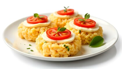 Rice cakes with cream cheese, tomato and mozzarella. isolated on white background