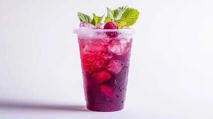 Refreshing raspberry mint iced drink in plastic cup summer beverage red cool cold food fruit sweet