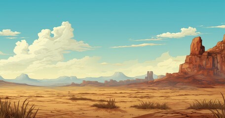 a wide and vast desert landscape with the horizon far in the distance, massive high cliffs and pinnacles, camera angle at ground level,