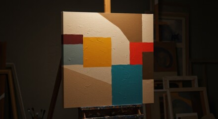 Abstract geometric painting on easel colorful modern art composition