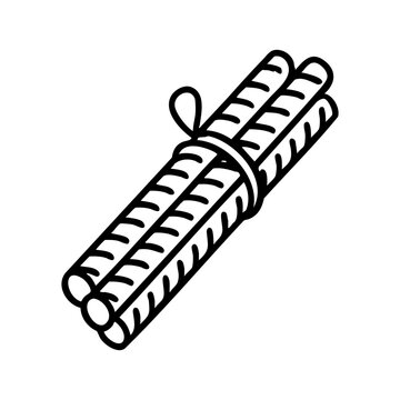 Minimal black line icon of a bundle of ribbed steel rebars tied together, representing concrete reinforcement, structural materials, and civil engineering supplies.