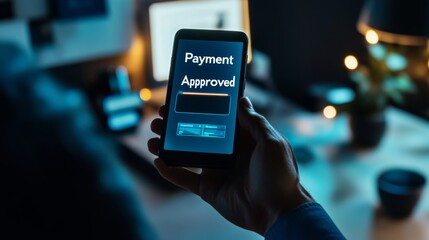 Close-up of a hand holding a smartphone with Payment Successful on the screen, bright ambient lighting, clean white background