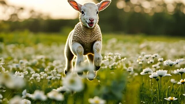Joyful Lamb Leaping Through Field of Daisies on a Sunny Spring Day, Freshness and Innocence