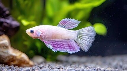 Obraz premium A cultivation fish in a glass tank, side profile, vibrant colors, copy space below, modern advertising appeal