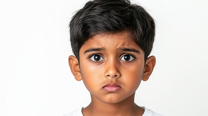 Young Indian boy looking frustrated, furrowed brows and tense lips, clean white space 
