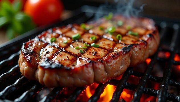 Close up of sizzling grilled steak with char marks on hot grill , barbecue, food, delicious - Powered by Adobe