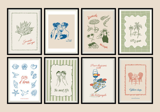 Sketch-style travel art print poster collection. Matisse style art.