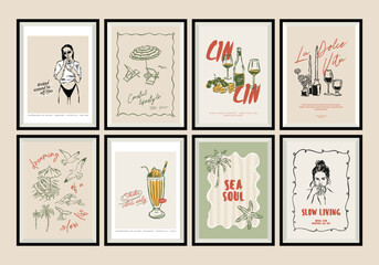 Sketch-style travel art print poster collection. Matisse style art.