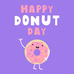 Happy donut day. Cute character. Banner design. Flat vector illustration on purple background.