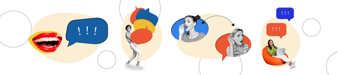 Creative collage design featuring speech bubbles and stylish people with modern illustration and contemporary graphic art