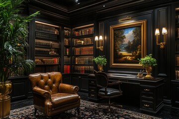 Luxurious study with dark wood paneling, bookshelves, and leather armchair