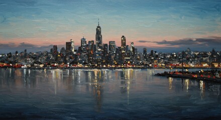 Obraz premium City skyline at dusk with water reflection modern urban development