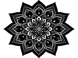 Abstract floral ornament vector illustration features a seamless black and white mandala pattern with vintage flower and leaf elements in a round, decorative design