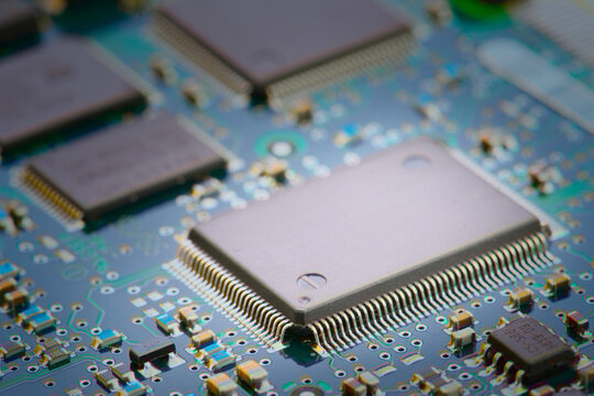 Close-up view of an electronic motherboard with detailed components