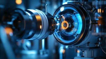 Fototapeta premium High-tech microscope with futuristic design and glowing elements on blurred background