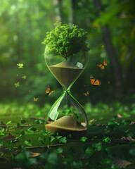 Surreal Hourglass Sprouting Lush Forest from Falling Sand &ndash; Butterflies Emerging, Eco-Motivational Concept Art