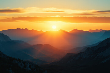 Fototapeta premium Sunset Over Mountain Range. A stunning sunset illuminates the mountains, casting a warm glow on the valley below. The sun's rays burst through the clouds, creating a majestic vista.
